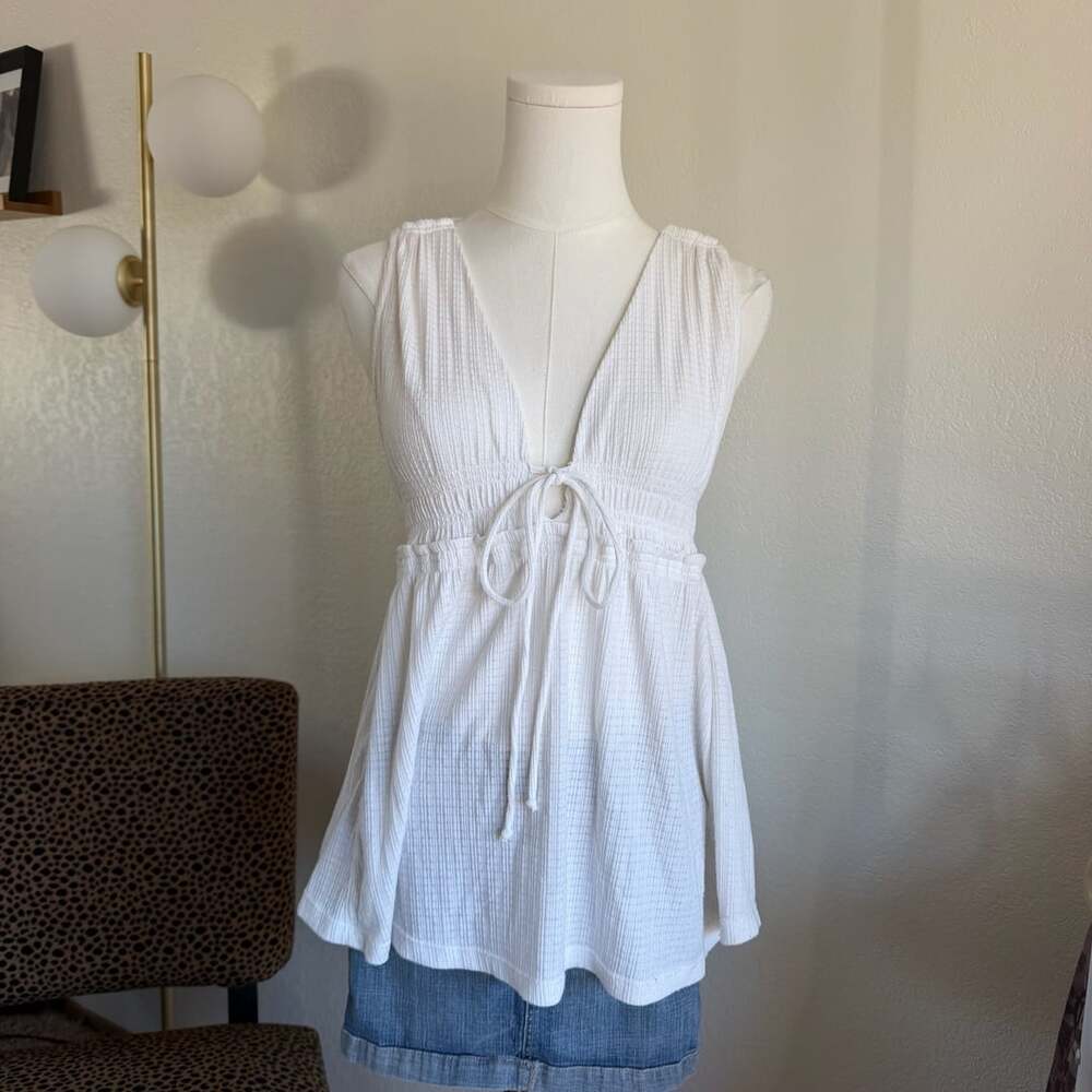Free People Beach Bound Plunge Sleeveless Tank Top Ivory Size Small